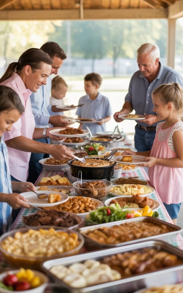 a family reunion buffet setup in a community center or park pavilion
