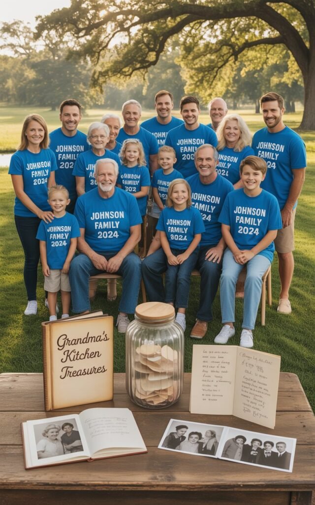 a large multigenerational family reunion captured in golden hour lighting