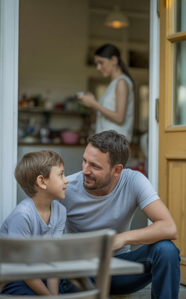 a-man-in-his-early-40s-spending-one-on-o_ID4mvmGUQQeIVFIcdnEtjQ_58cpejaMQq2gxRhRJskcZg_cover_sd A man in his early 40s spending one-on-one time with his child around 10 years old — sitting together on a porch step or at a kitchen table, heads slightly tilted toward each other in easy conversation