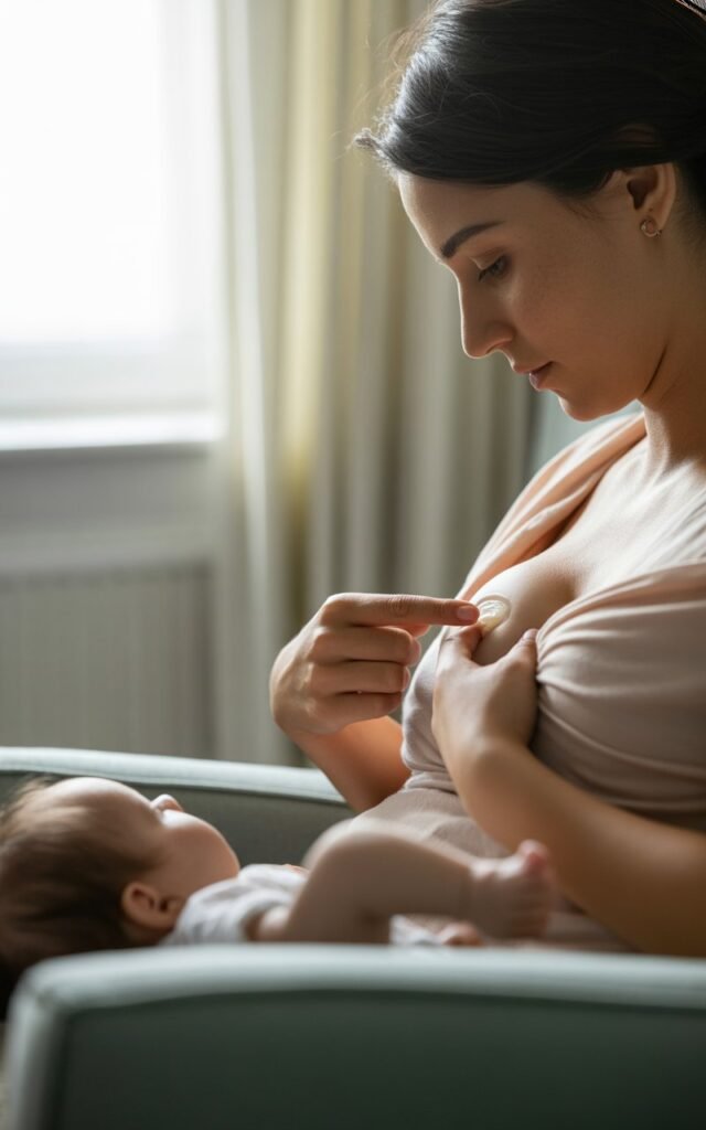 a new mother in a softly lit nursery gently hand-expressing breast milk onto her fingertip before breastfeeding