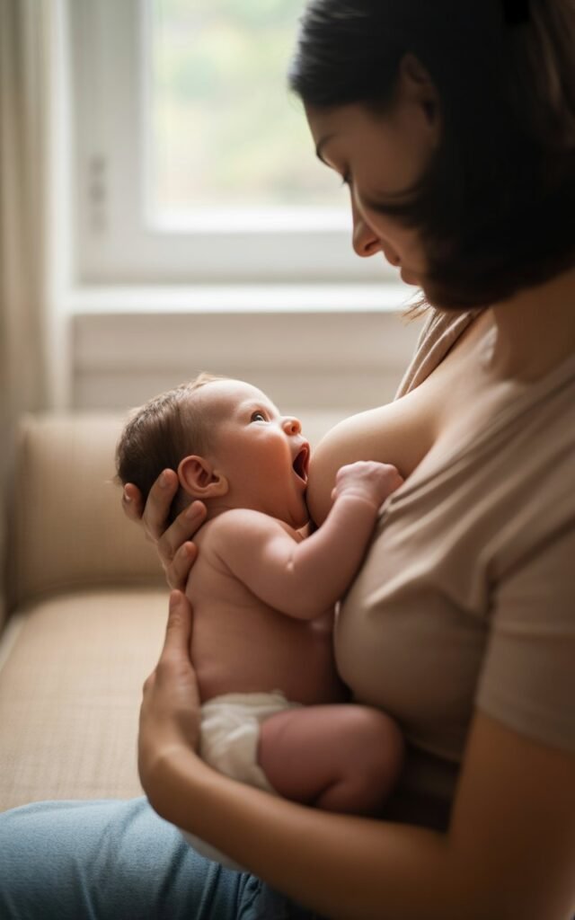a peaceful breastfeeding moment between a mother and her newborn baby