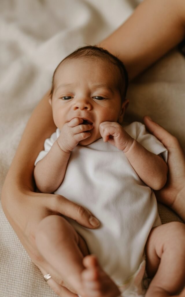 a peaceful newborn baby displaying early hunger cues