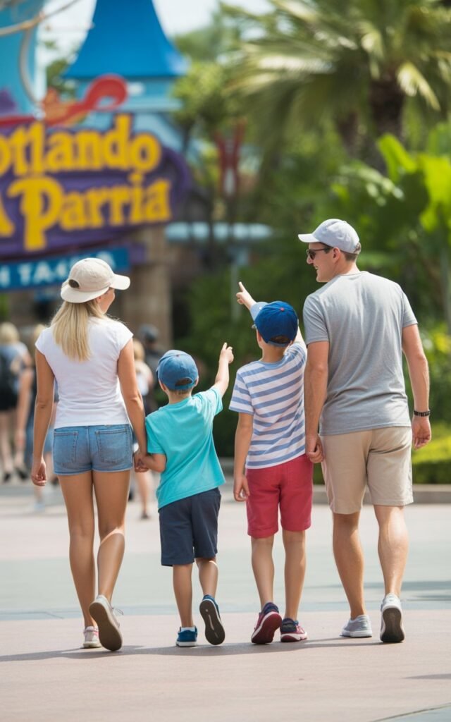 A real family of four — mother, father, and two children aged around 8 and 11 — walking together in side profile through the entrance area of a theme park in Orlando, Florida, on a bright sunny day