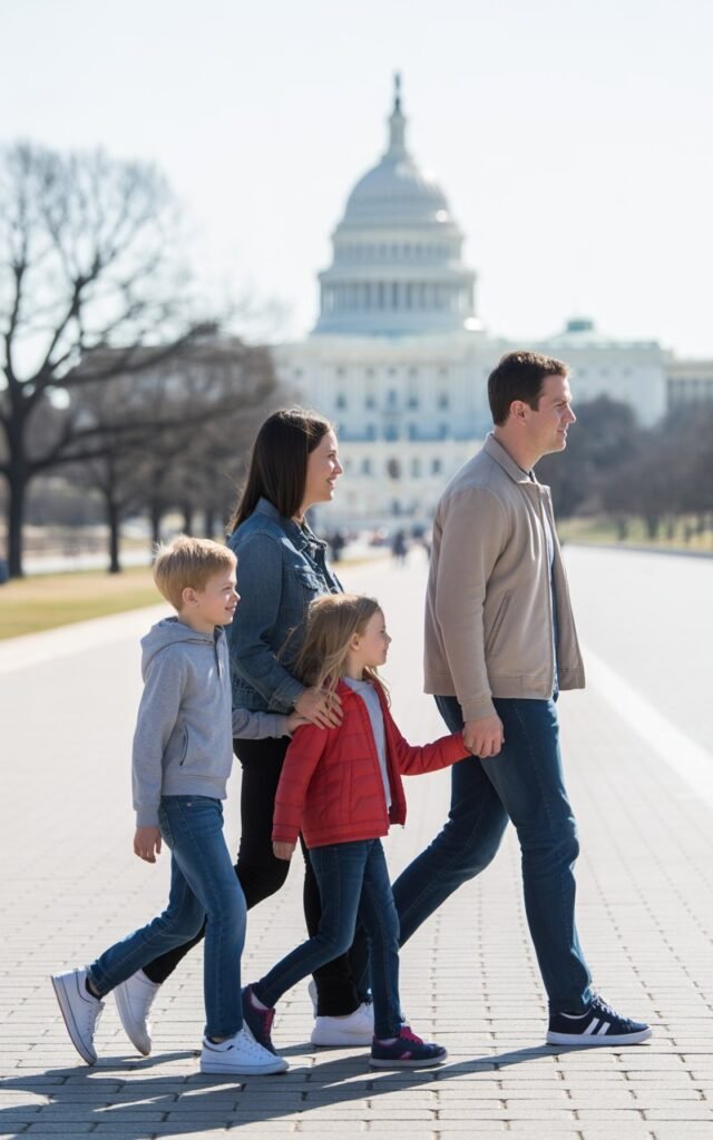 A real family of four — mother, father, and two children aged around 7 and 10 — walking together in side profile along the National Mall in Washington, D.C.