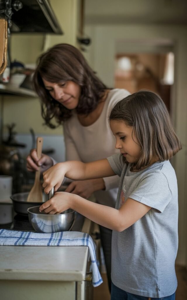 A woman in her late 30s and a child around 11 years old doing something simple and ordinary together in a home kitchen