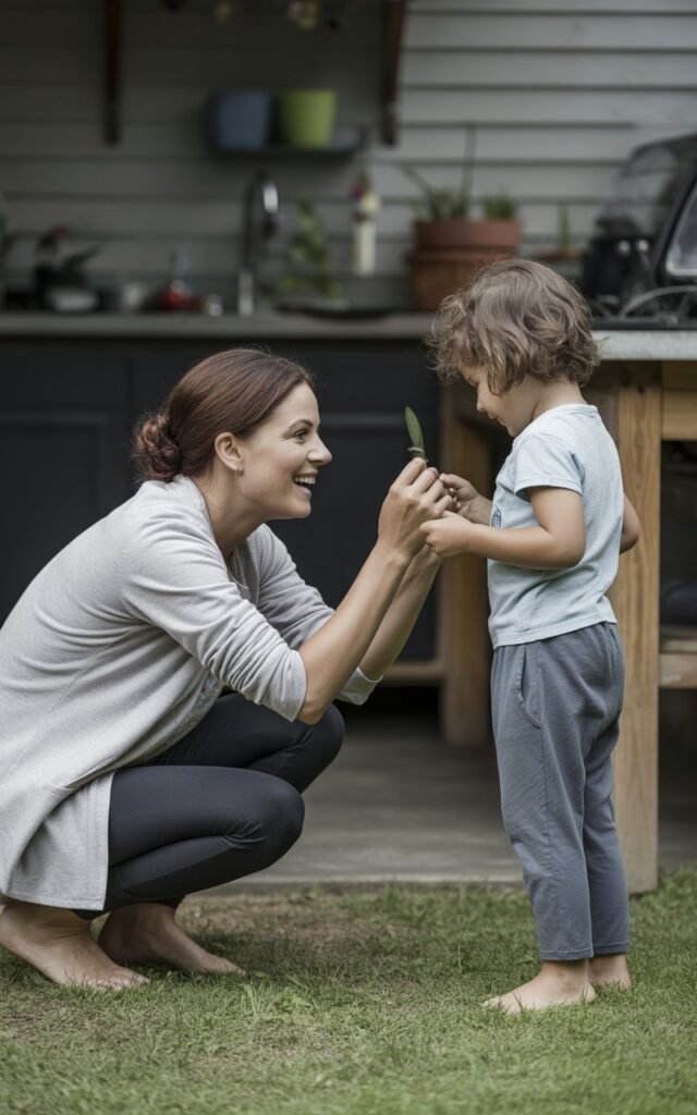 A woman in her late 30s kneeling down to the level of a child around 8 years old in a backyard or kitchen setting, both sharing a lighthearted moment