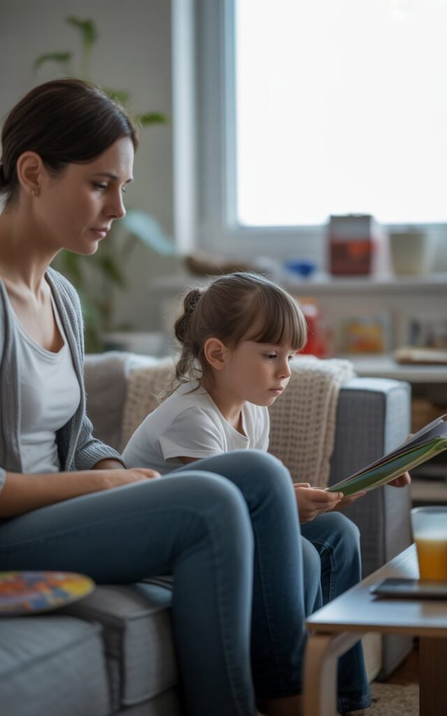 A woman in her late 30s sitting quietly on a living room couch, slightly apart from a child around 9 years old who is focused on a book or toy