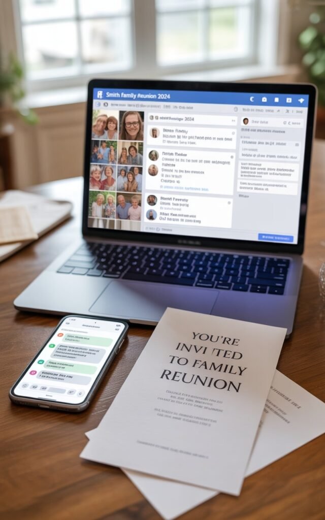 modern family reunion planning scene with digital communication tools