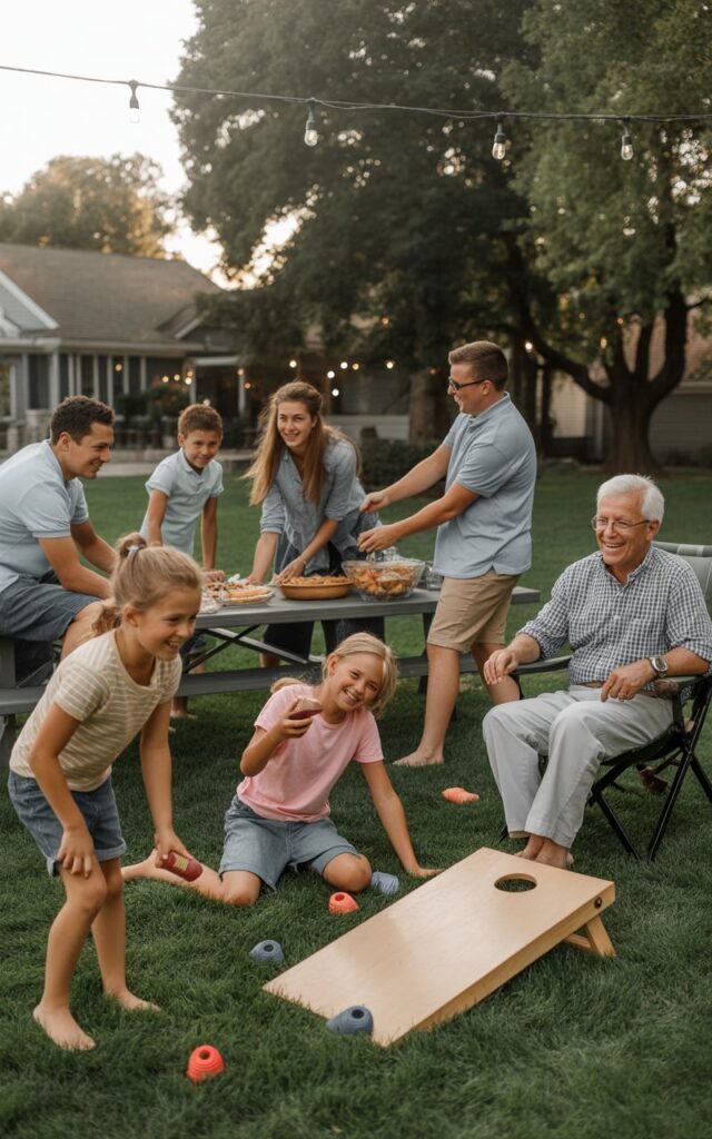 multi-generational family reunion taking place in a spacious backyard during golden hour
