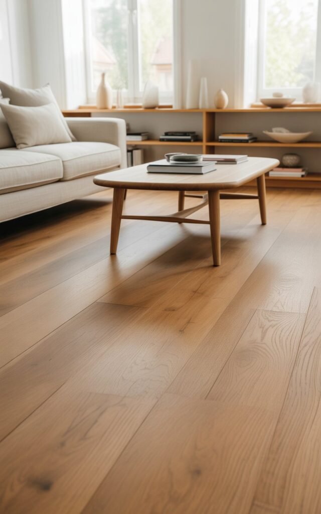 A bright Scandinavian living room interior featuring light oak hardwood floors and minimalist oak furniture