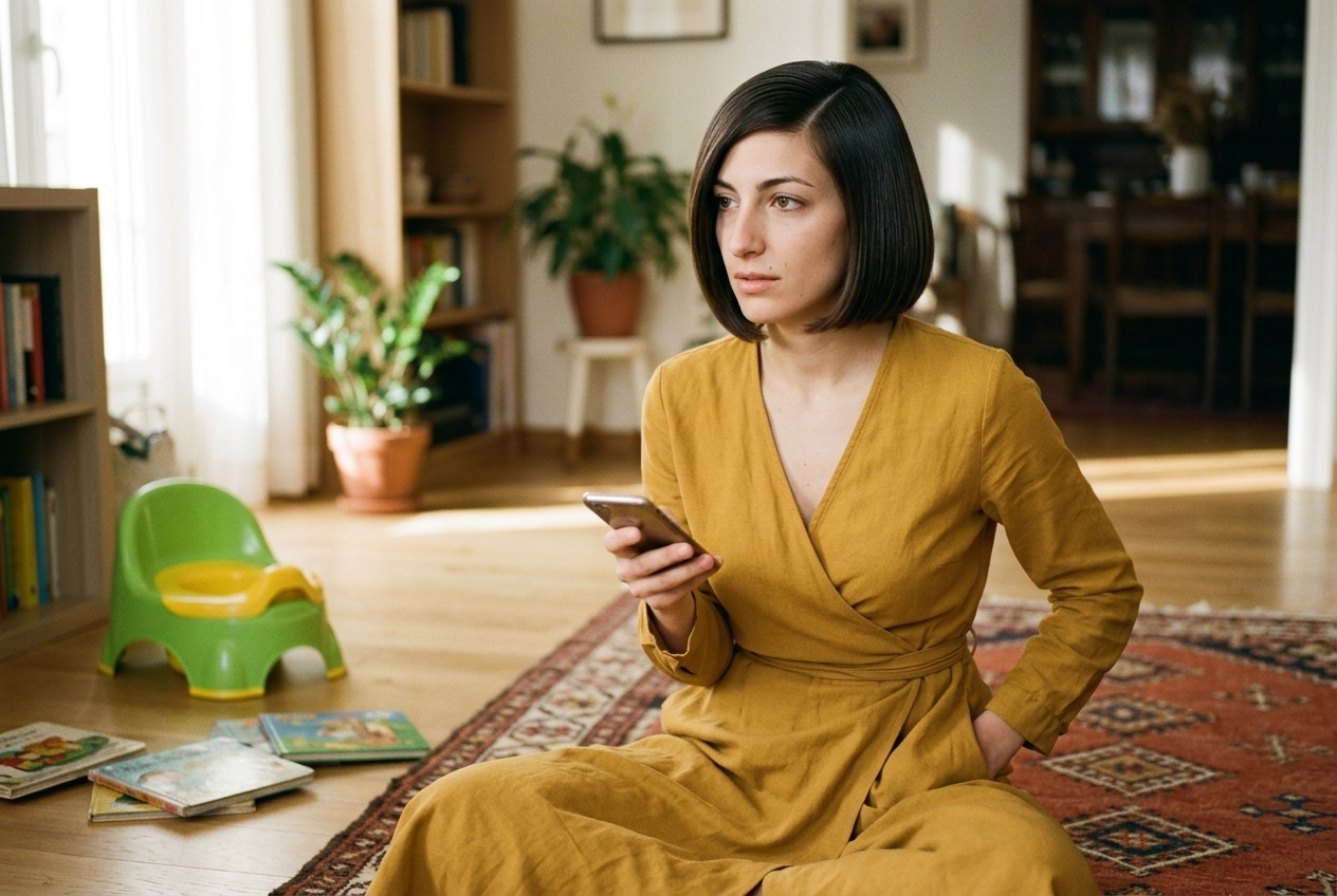 First time mom sitting on living room floor next to a toddler potty chair looking thoughtful and calm