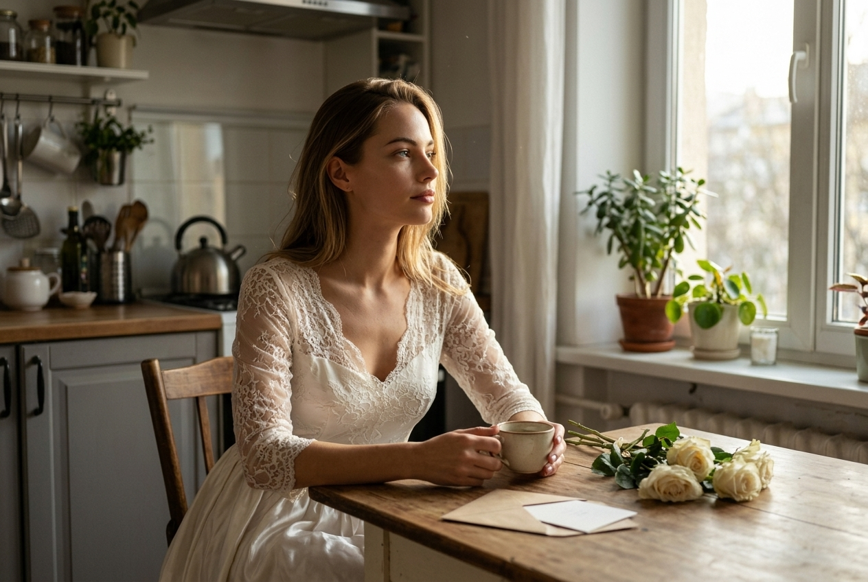 Italian woman in wedding dress sitting at kitchen table reflecting on marriage realities