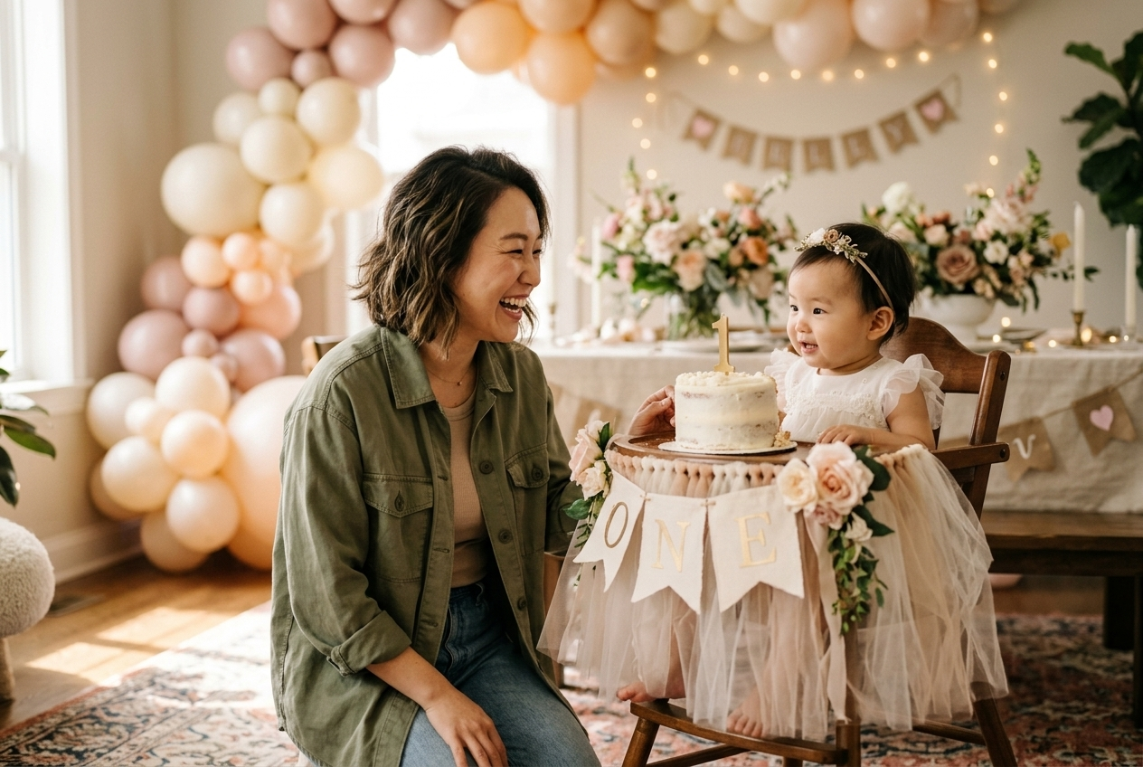 Korean mother smiling next to her baby girl at a first birthday party with balloons and floral decorations