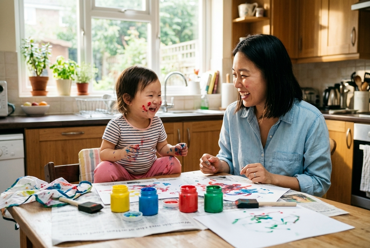 Korean mom and toddler girl painting together at a kitchen table with colorful washable paint and brushes