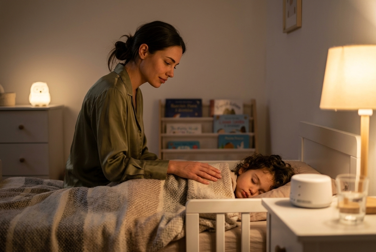Italian mother sitting on toddler bed helping child fall asleep in dimly lit bedroom at night