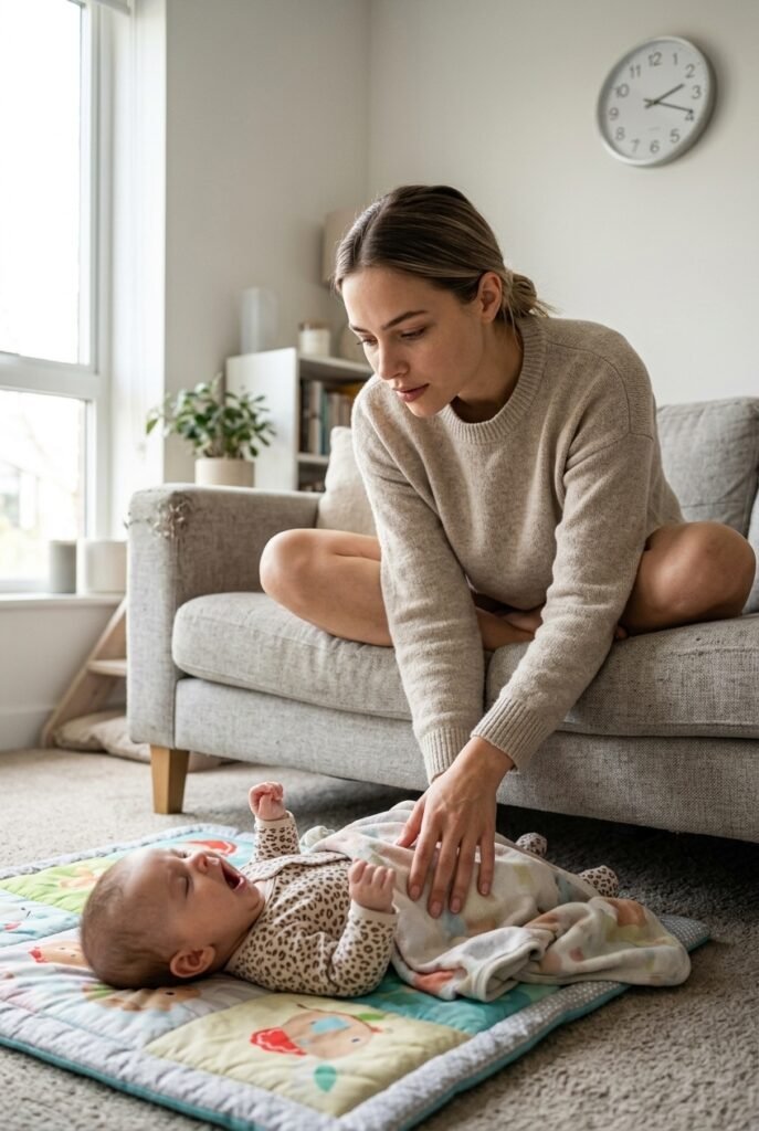 Albanian mother watching her yawning three-month-old baby on a play mat, recognizing sleep cues