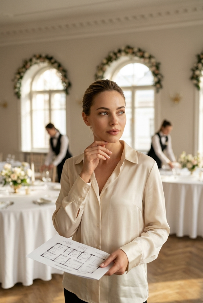 Italian woman evaluating an elegant wedding venue hall while holding a floor plan brochure