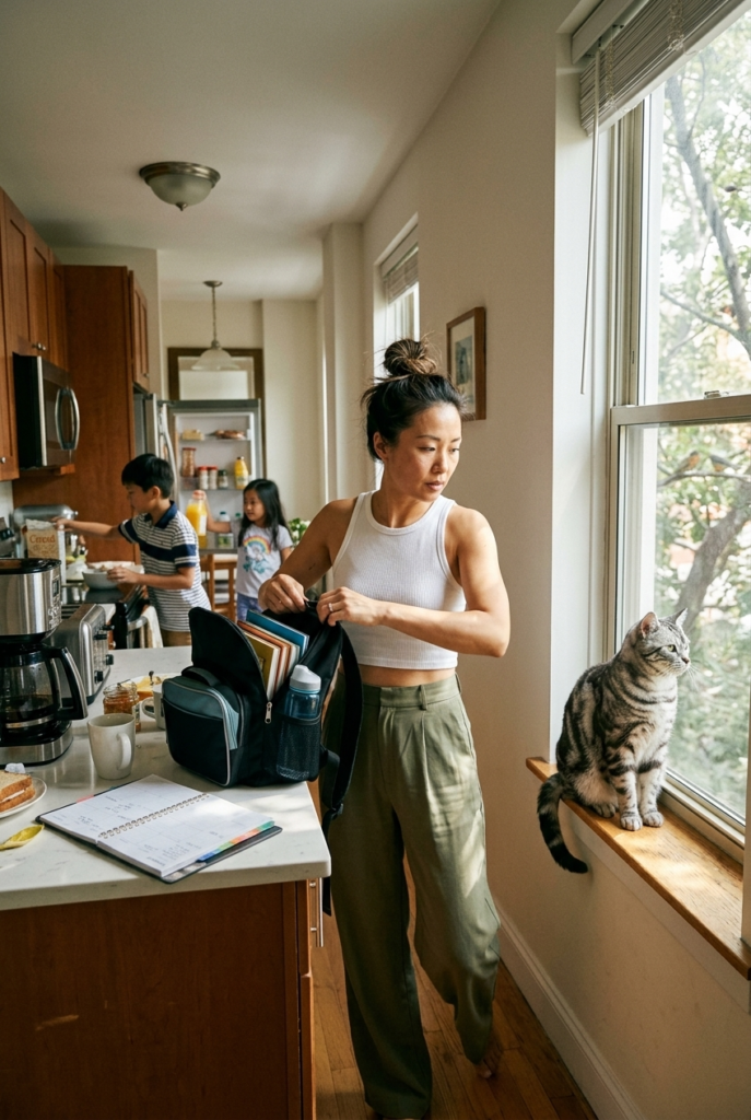 Chinese mom in busy morning kitchen with American Shorthair cat sitting calmly on windowsill watching birds