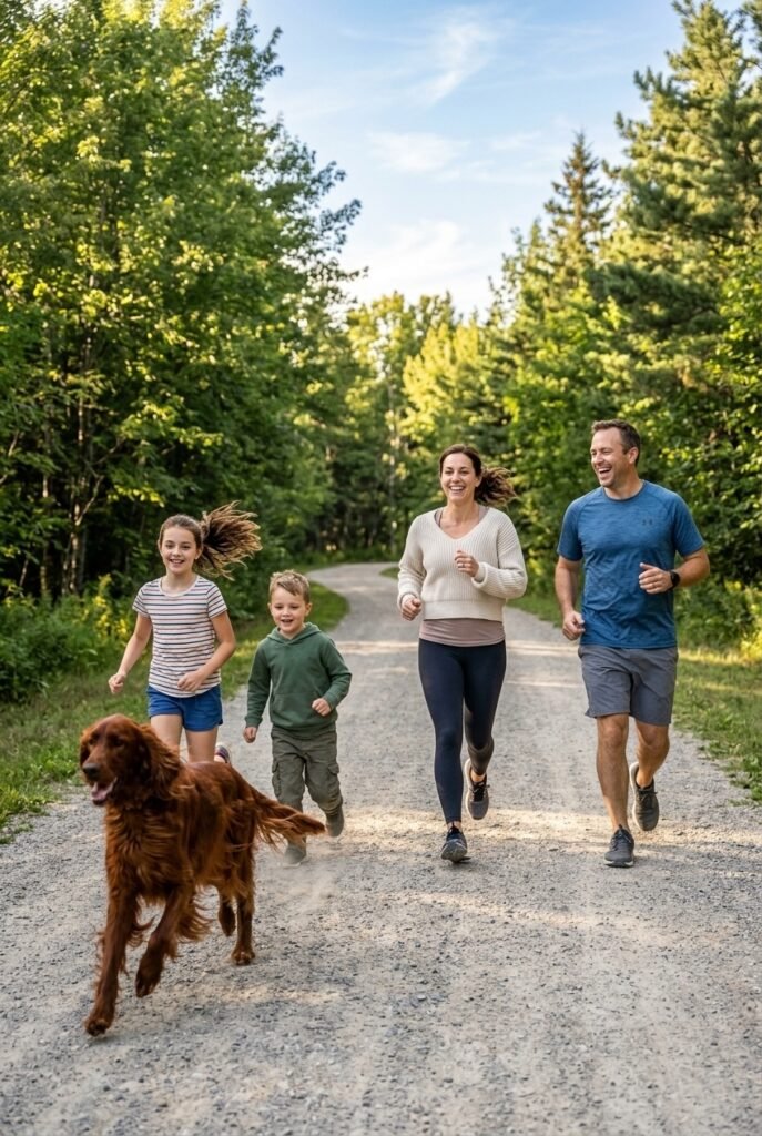 American family with husband wife and two kids running on a park trail with a beautiful red Irish Setter on a sunny day