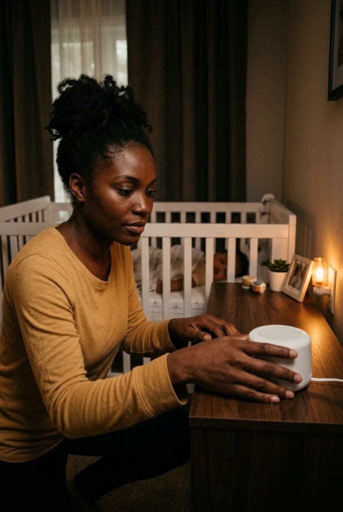 Angolan mother placing a white noise machine on a dresser across the room from her sleeping three-month-old baby