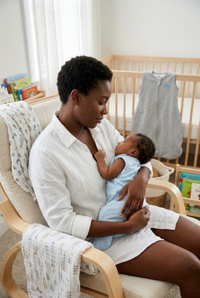 Antiguan mother holding her three-month-old baby in a sleep suit as she transitions away from swaddling
