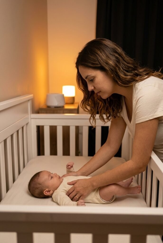Argentine mother gently lowering her drowsy three-month-old into the crib using the pick up put down sleep training method