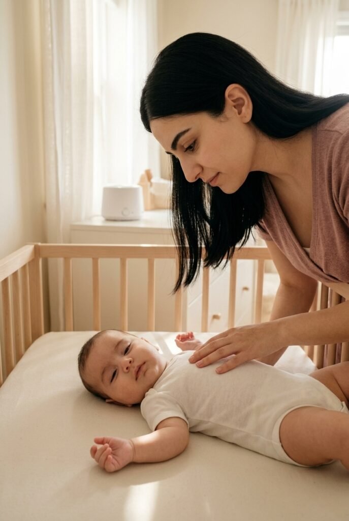 Armenian mother carefully stepping back as her drowsy but awake three-month-old lies in the crib during a morning nap practice