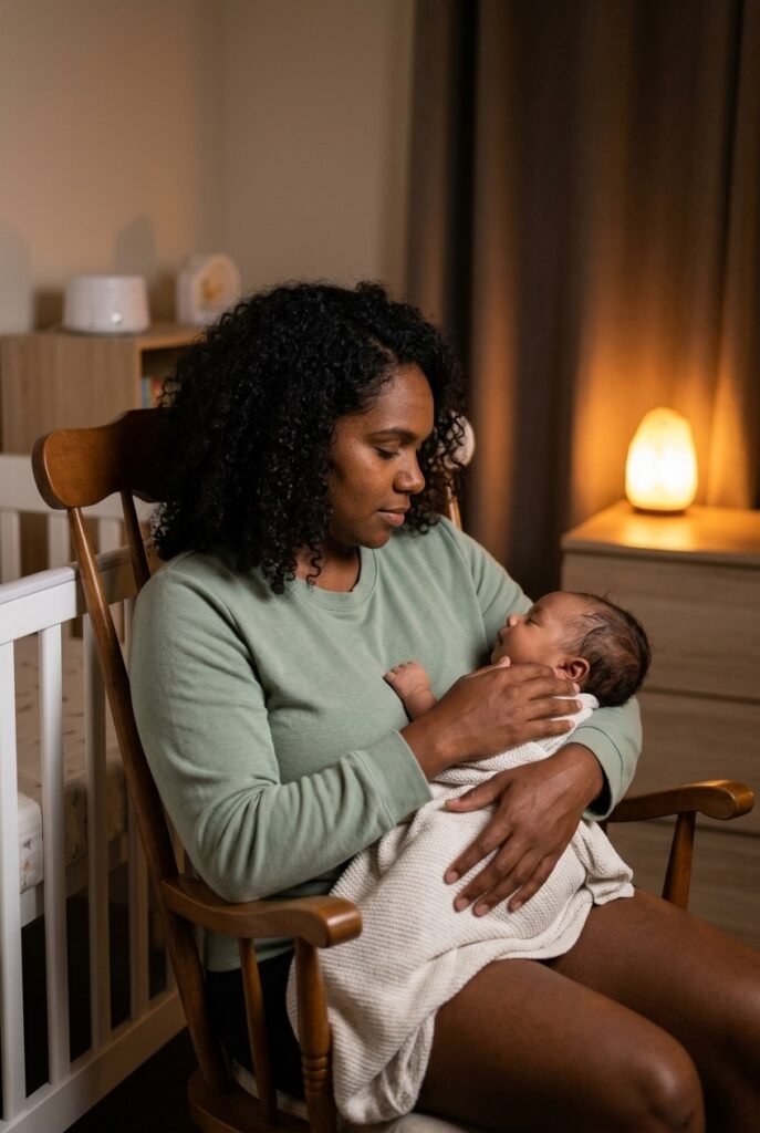 Australian Aboriginal mother rocking her nearly asleep three-month-old beside the crib while gradually reducing motion using the fading method