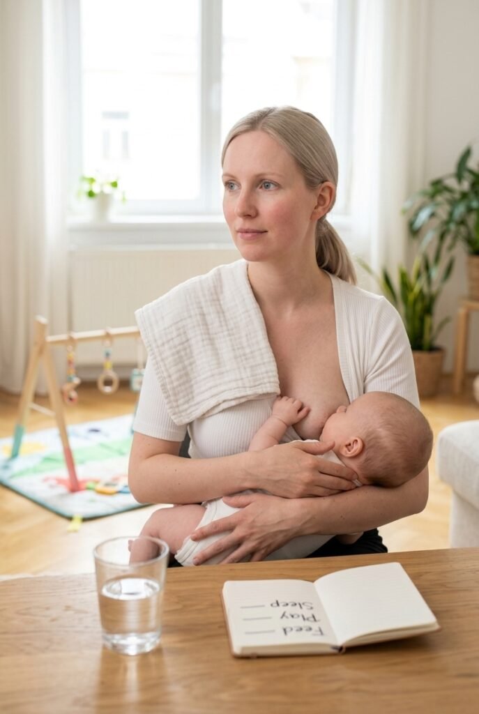 Austrian mother breastfeeding her three-month-old in a bright living room with a daily eat wake sleep schedule visible on a notebook nearby