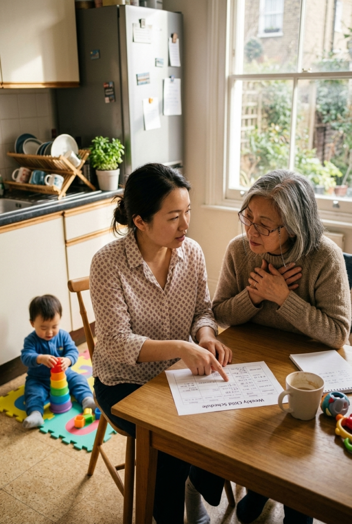 Chinese mother and grandmother sitting at a kitchen table discussing a potty training schedule while a toddler plays nearby