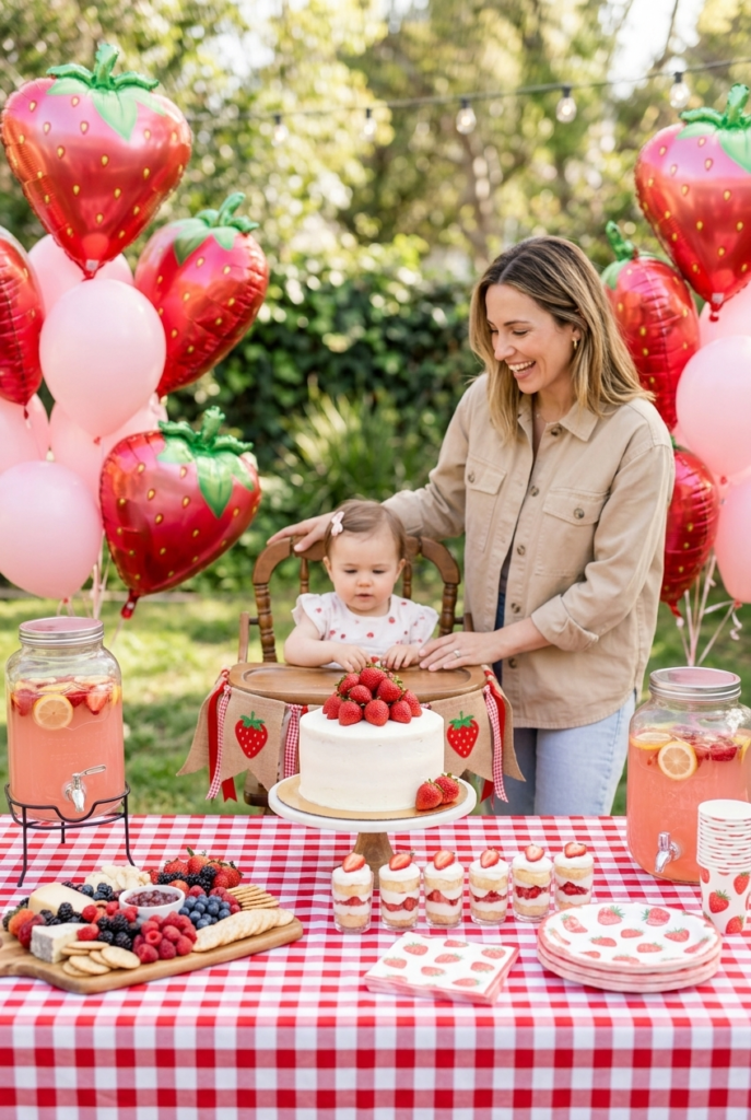 French mother and baby girl at a Berry First birthday party table with strawberry decorations and smash cake