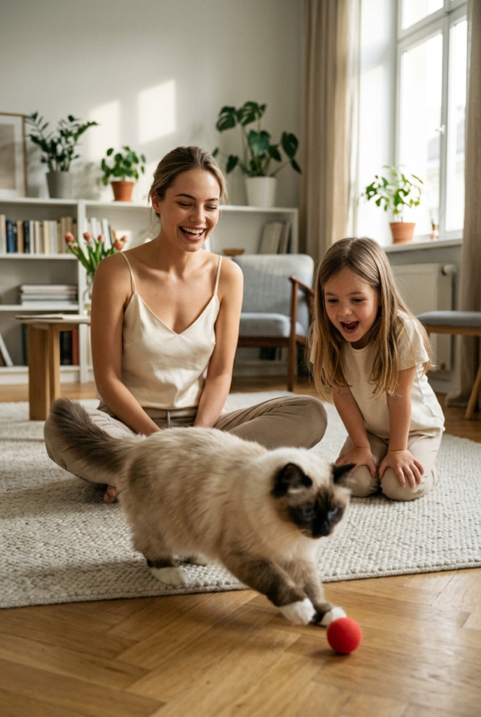 French woman and child watching playful Birman cat with white paws chase a ball on a light rug