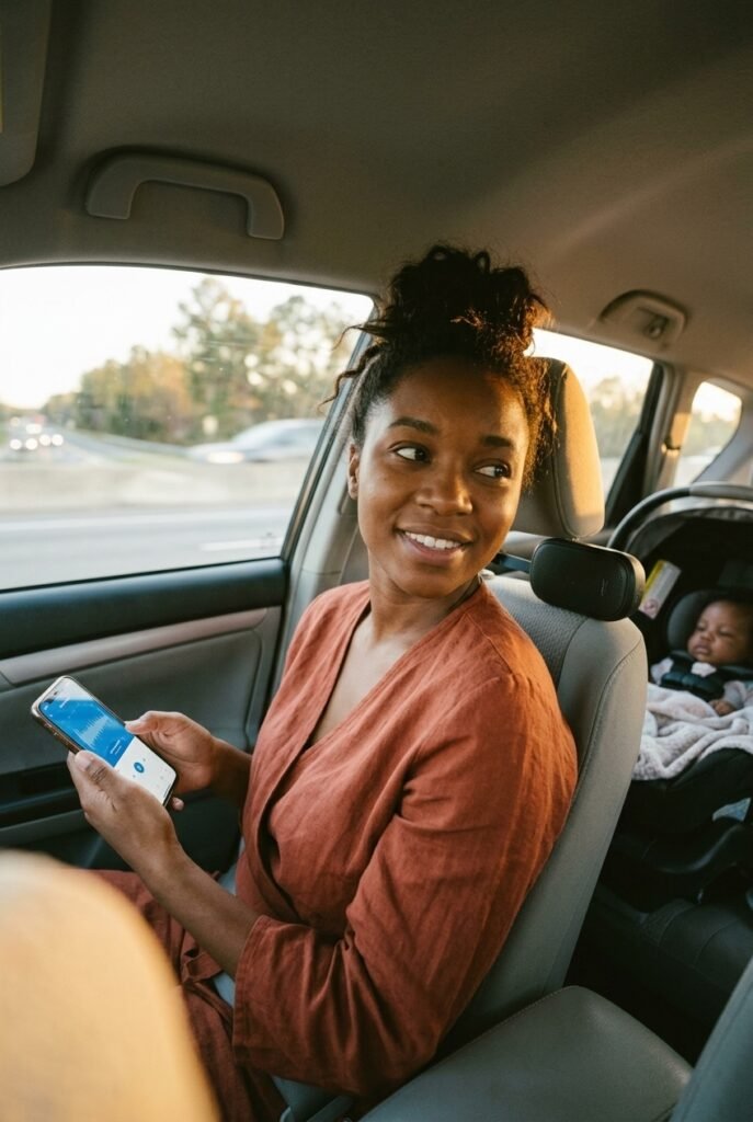 Black American mother holding white noise app on phone in car with Bluetooth speaker near baby seat