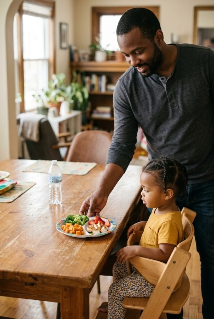 Black father placing a balanced meal in front of his toddler at the dining table