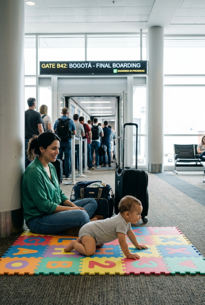 Colombian mother watching baby crawl at airport gate while other passengers board plane in background