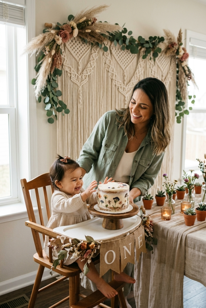 Brazilian mother with baby girl at a boho chic first birthday party with macramé backdrop and naked smash cake