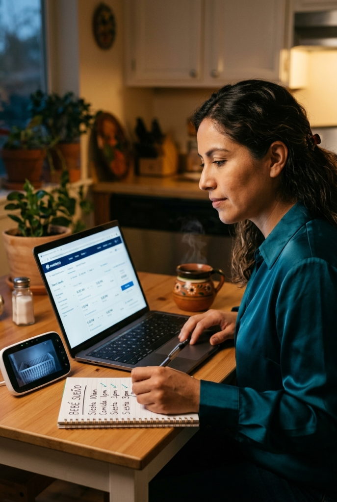 Mexican mother comparing flight departure times on laptop with baby sleep schedule notepad at kitchen table
