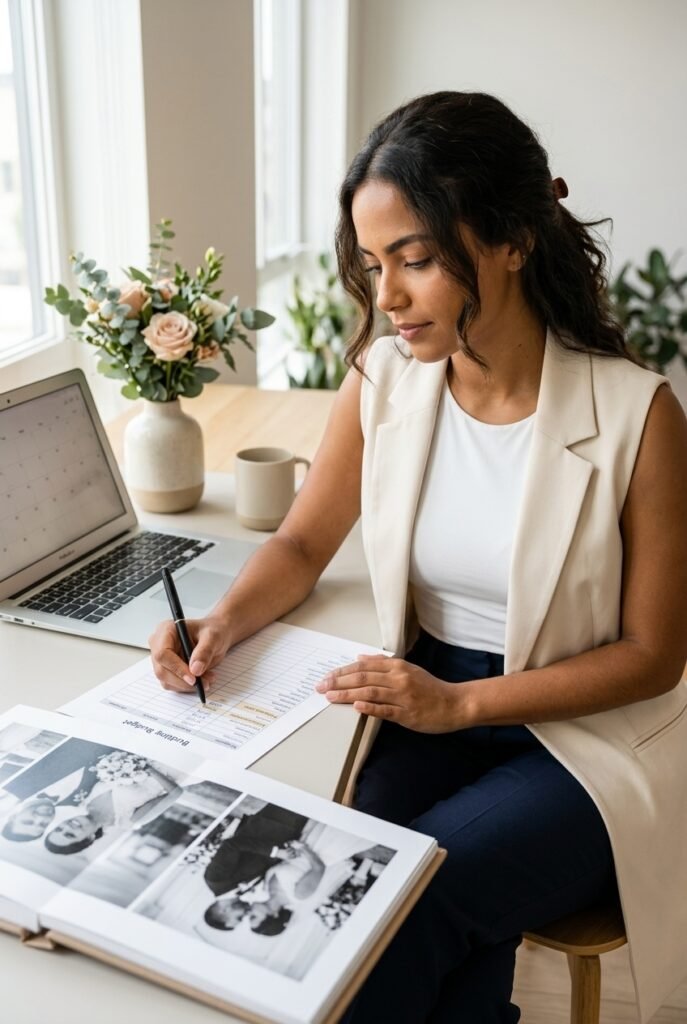 Brazilian bride reviewing wedding budget spreadsheet with professional wedding photo album open on desk
