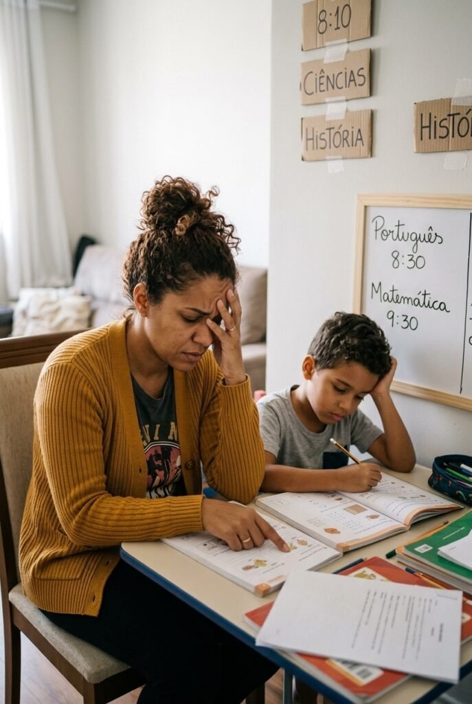 Brazilian mother and child at a rigid home classroom setup with a whiteboard and scheduled subject blocks