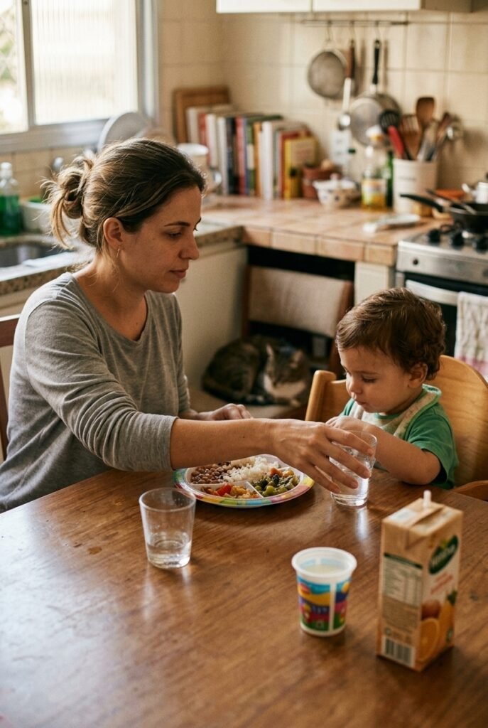 Brazilian mother placing a glass of water beside her toddlers dinner plate while milk and juice are set aside