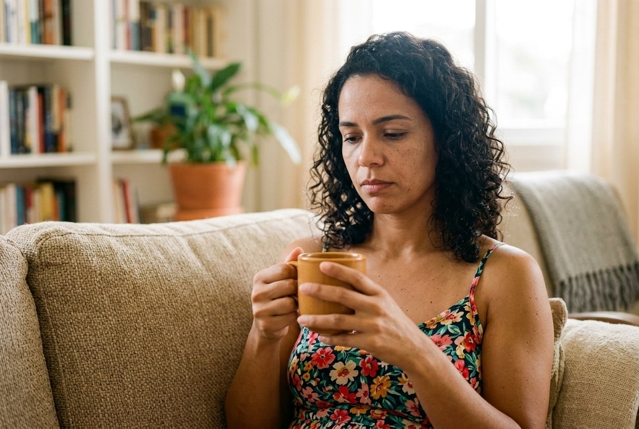 Brazilian stepmom sitting on couch holding coffee with a thoughtful and overwhelmed expression