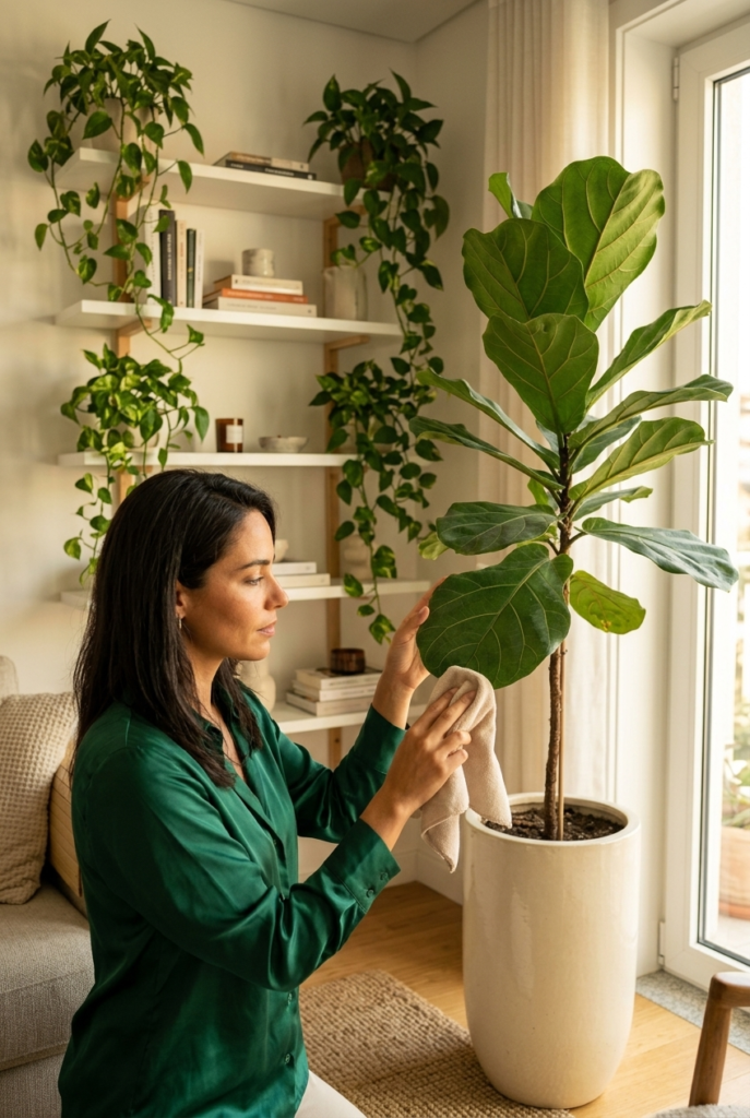 Portuguese woman tending to a large fiddle leaf fig plant in a ceramic pot in a bright and curated apartment living room