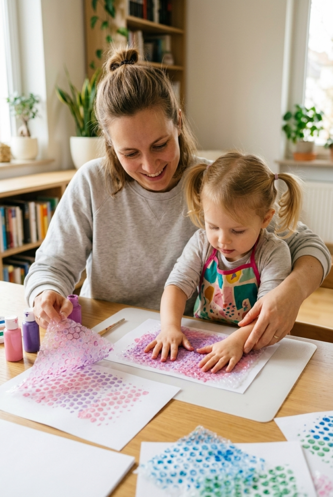 German mother and toddler girl pressing bubble wrap coated in pink and purple paint onto white paper