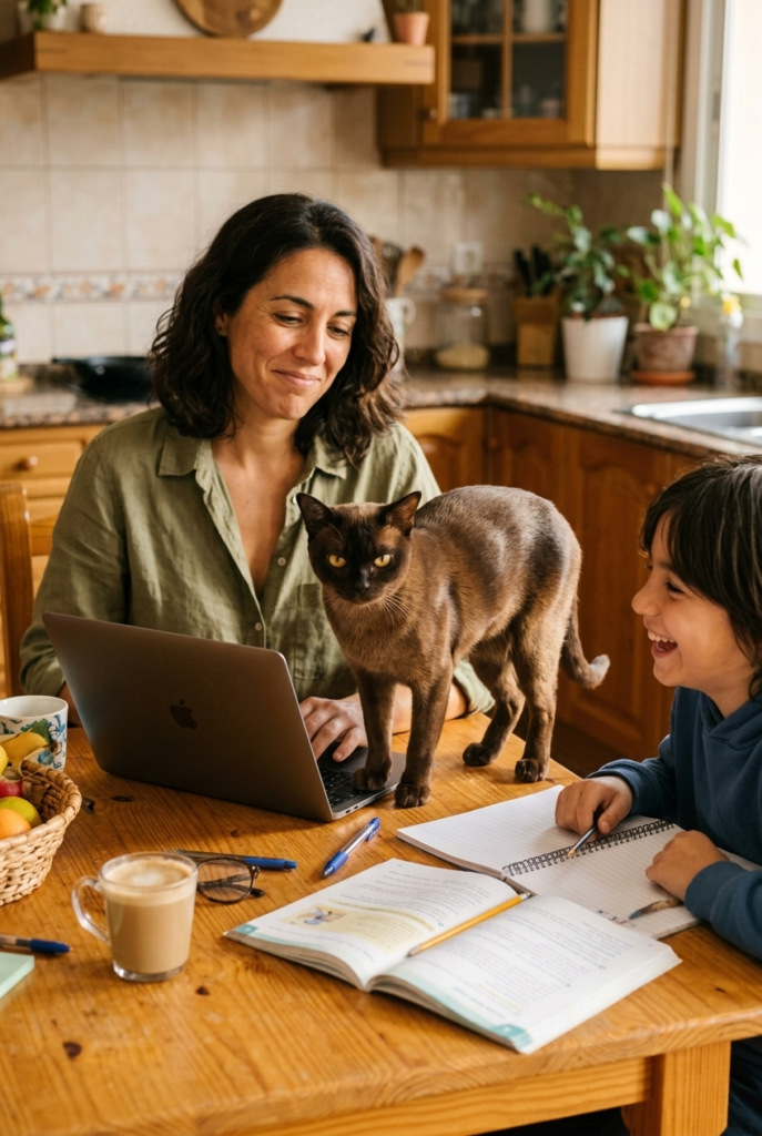 Spanish woman at kitchen table with sleek brown Burmese cat interrupting her while older child laughs nearby