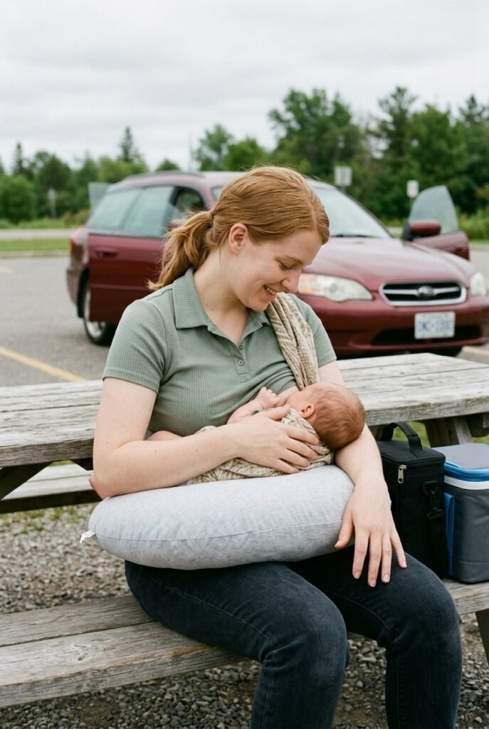 Canadian mother breastfeeding infant on rest stop bench with nursing pillow and insulated bottle bag nearby