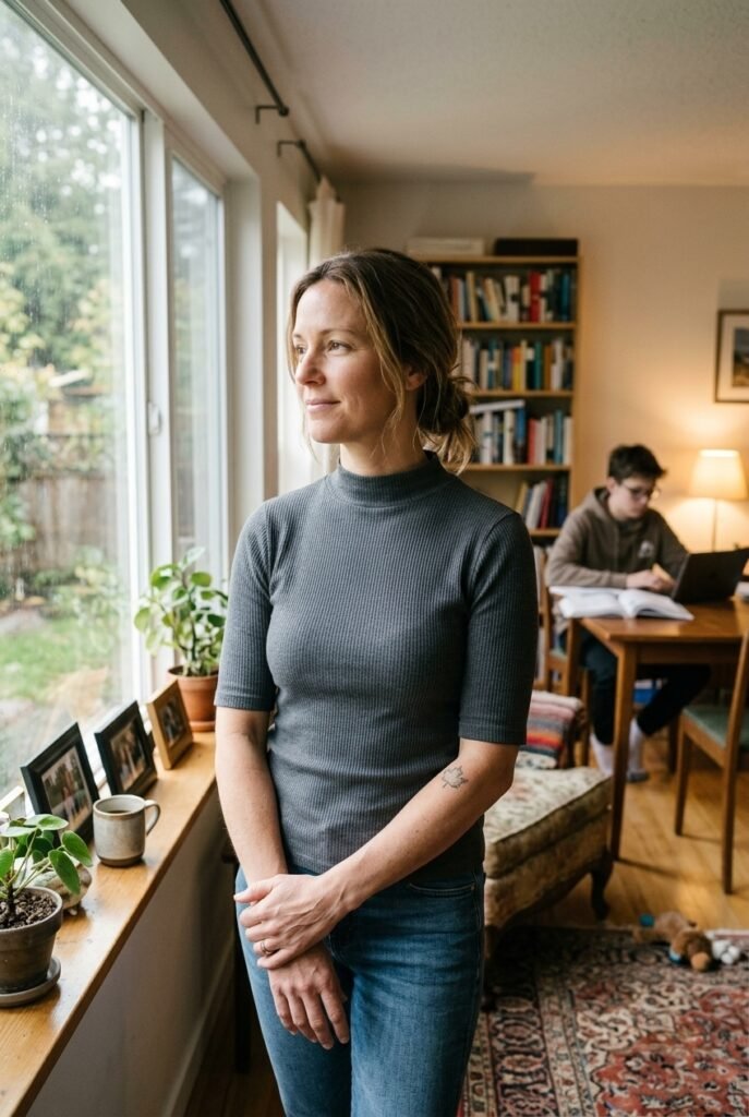 Canadian stepmom standing by a window with a calm and fulfilled expression while a child studies in the background