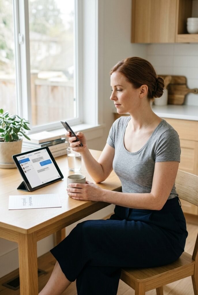 Canadian woman calmly reviewing co-parenting app on phone at kitchen table practicing healthy communication boundaries