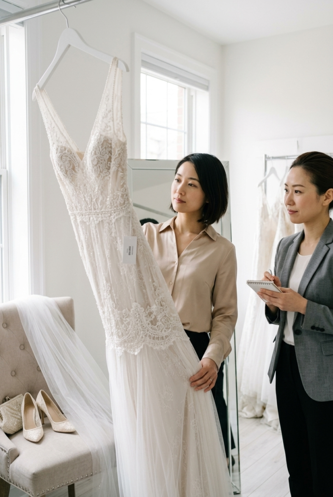 apanese woman evaluating a wedding gown and accessories at a bridal boutique with a consultant