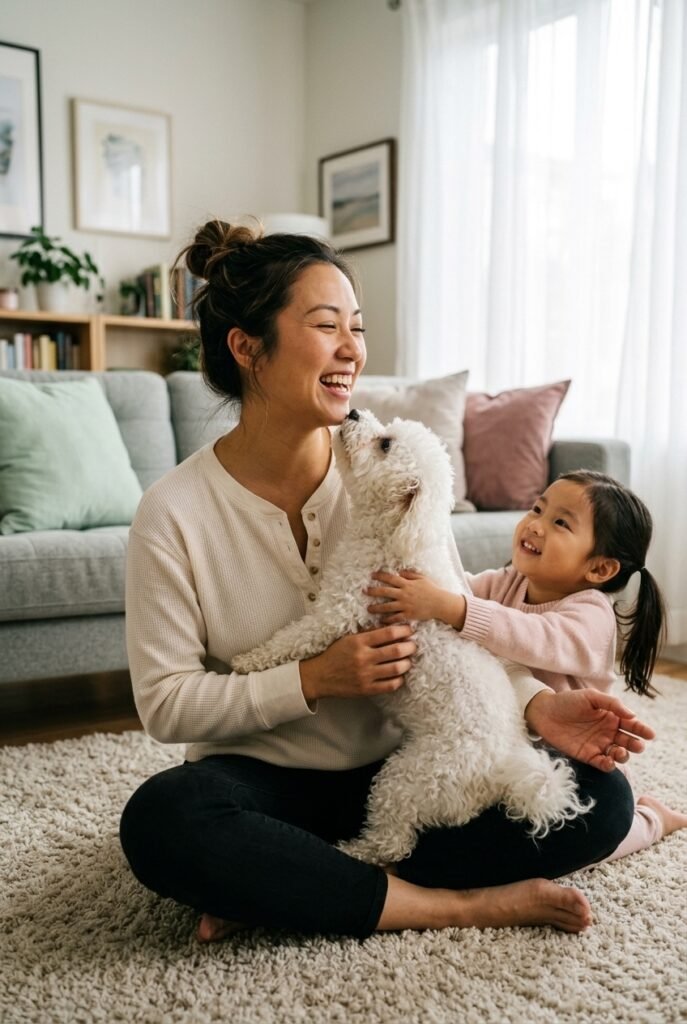 Chinese mother and young daughter sitting on a living room rug laughing with a fluffy white Bichon Frise