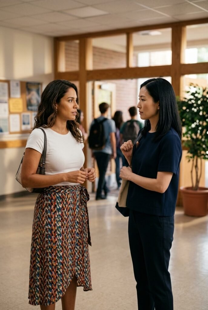 Colombian biological mother and Japanese stepmom standing face to face in cautious but open conversation near school entrance